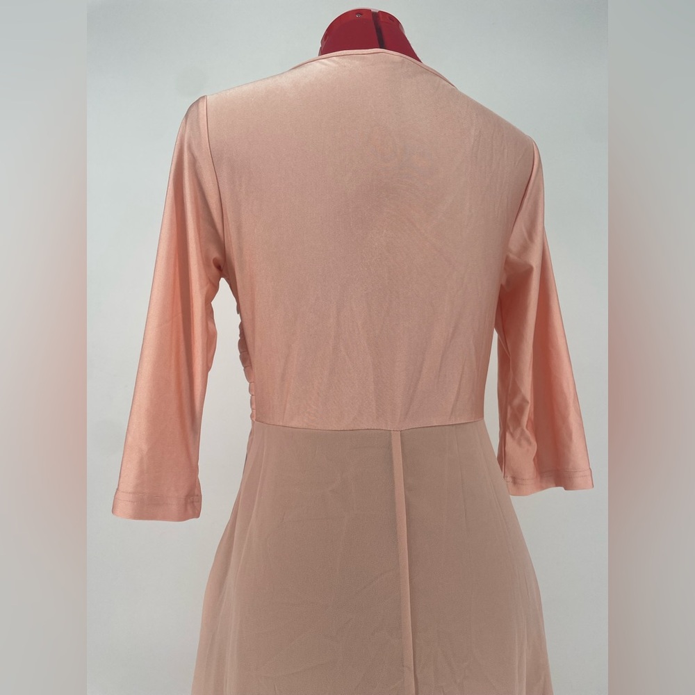 2FOR$30 Adorable Peach Nude Faux Wrap 3/4 Sleeve Midi Dress - Picture 9 of 13